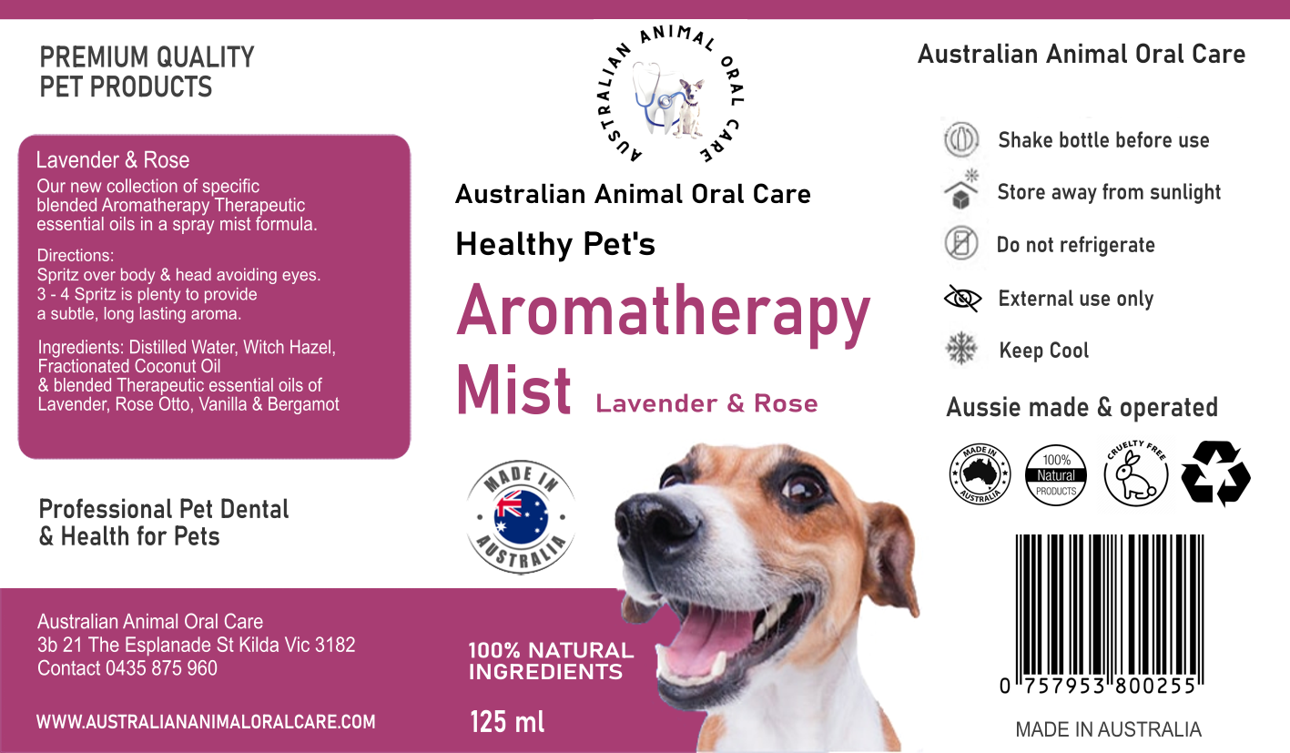 Pet Aromatherapy - Made in Australia 100% Natural Ingredients. Keep your Pets smelling fantastic with our Aromatherapy Mist Sprays. Australian Animal Oral Care